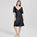Black V-Neck Silk Nightgown With Champagne Lace Trimming