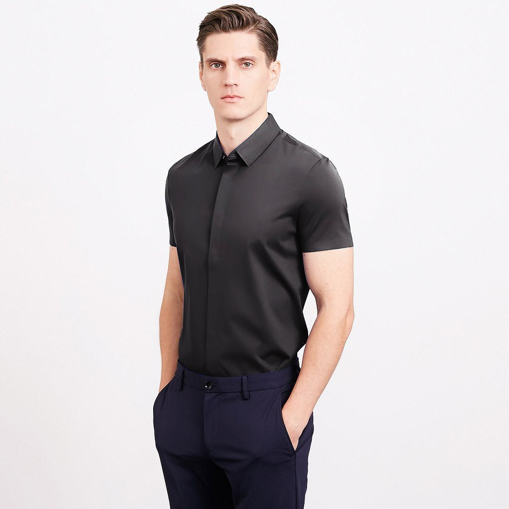 Classic Short Sleeves Silk Shirt For Men  Concealed Placket Silk Top