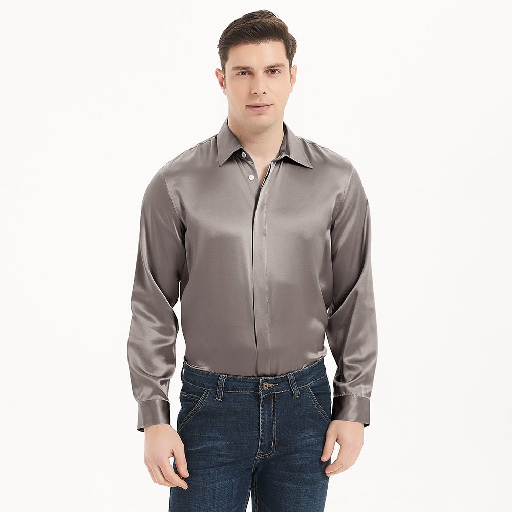 100% Mulberry  Silk top For Men Long Sleeves Silk Shirt  With Hidden Button