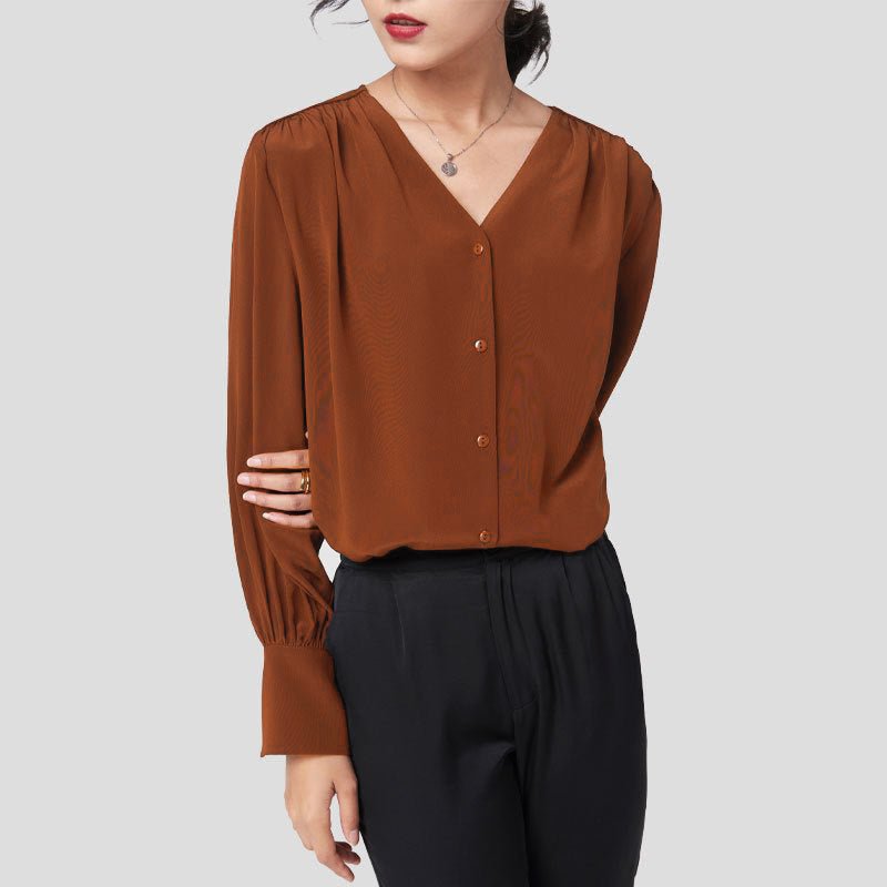 Elegant Silk Blouse For Women Long Sleeves V Neck Silk Shirt - slipintosoft