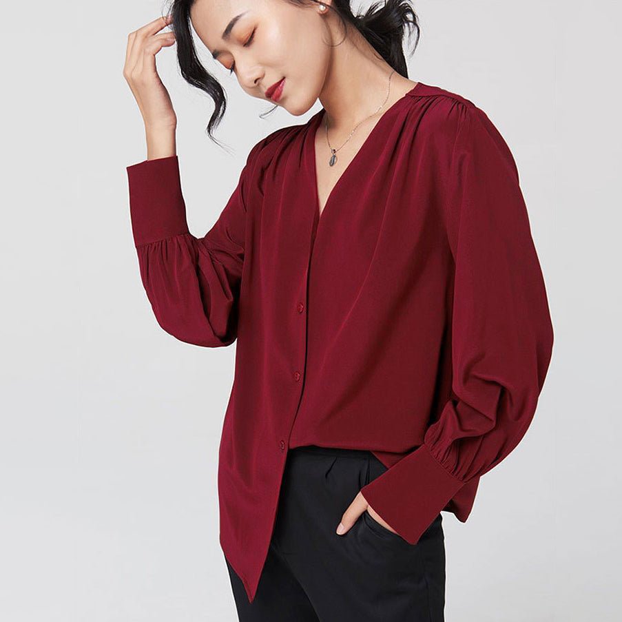 Elegant Silk Blouse For Women Long Sleeves V Neck Silk Shirt - slipintosoft