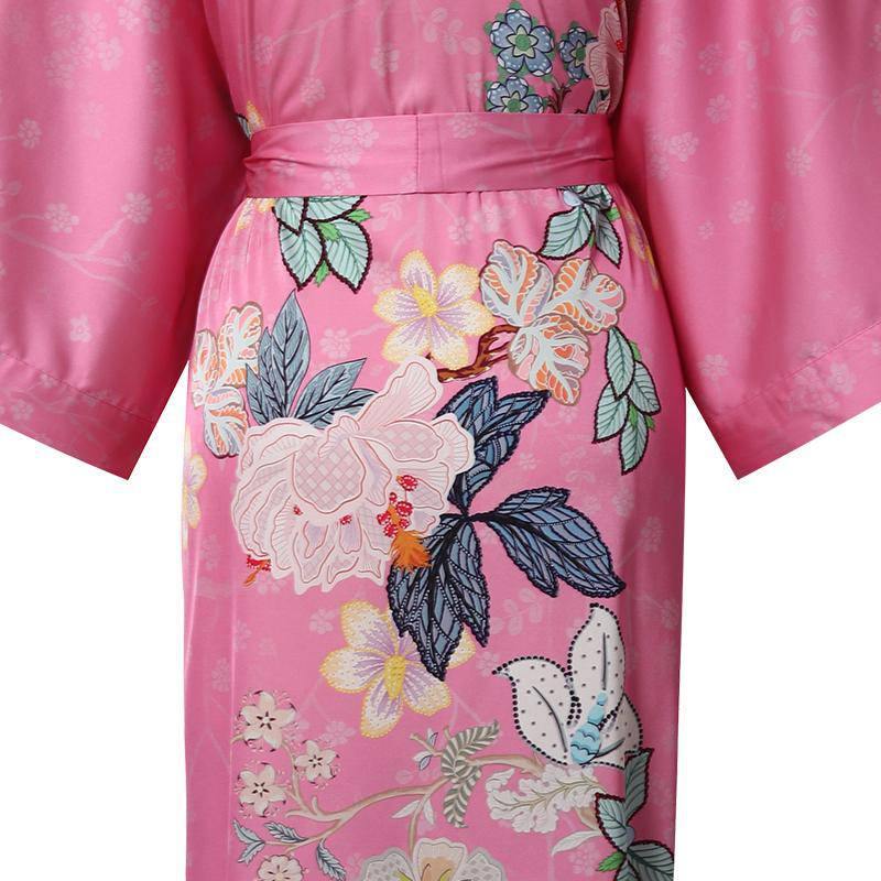 Luxury Long Silk Kimono Robe Hand Painted Cherry Blossom and Leaves - slipintosoft