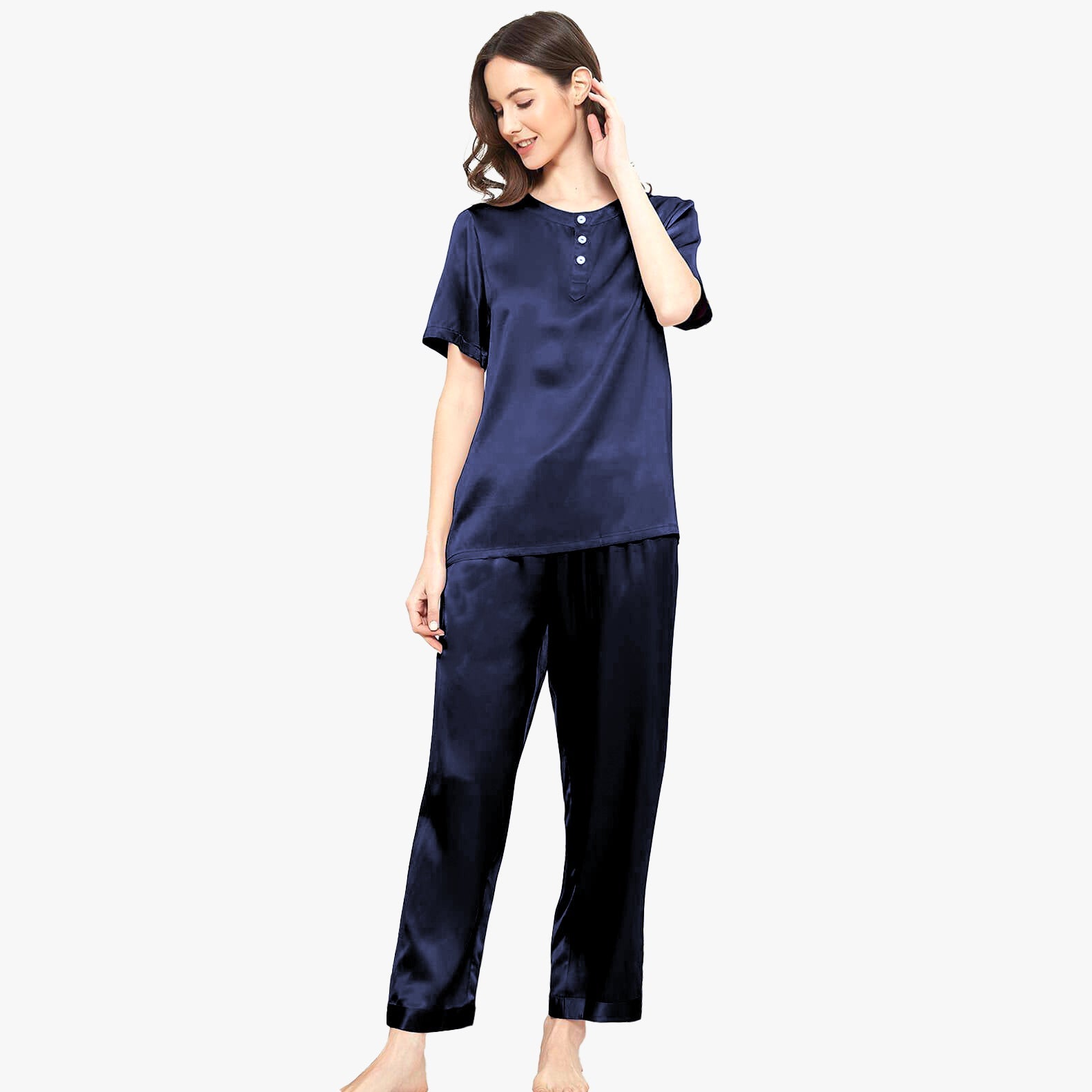Short Sleeves Silk Pajama Set For Women Round Neck Button Tie Pullover Silk Pajamas - slipintosoft
