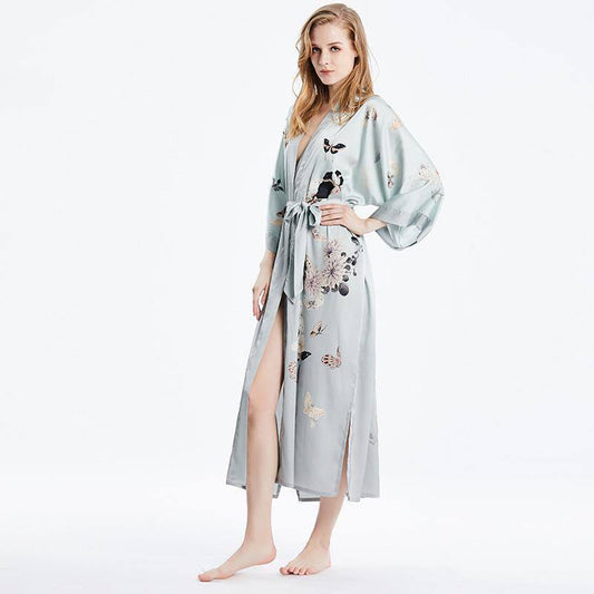 100% Long Mulberry Silk Kimono Robe Elegant Blue Butterfly Design for Women -  slipintosoft