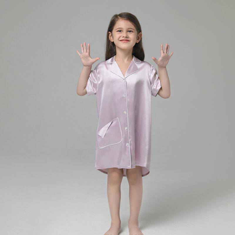 19 Momme Kid's Silk Nightshirt Girls Fashion Sleep Shirt with Pocket White Piping -  slipintosoft