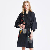 Ladies' 100% Mulberry Short Silk Kimono Robe with Belt Black Handpainted for Women All Sizes