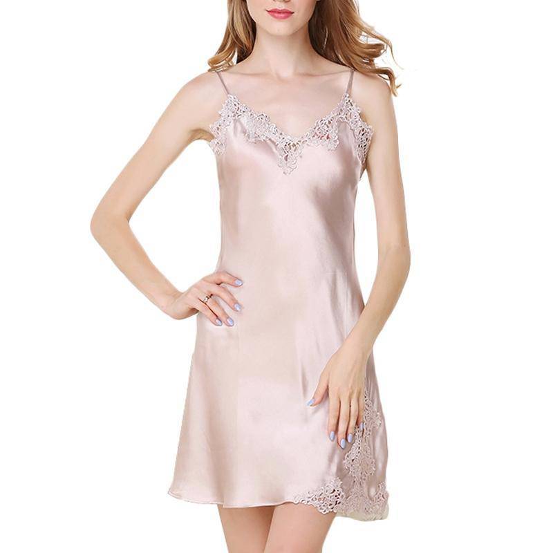 19 Momme Women's Silk Nightgown with Lace Ladies V Neck Thin Slip Strap Sexy Short Nightwear All Sizes Beige and Pink -  slipintosoft