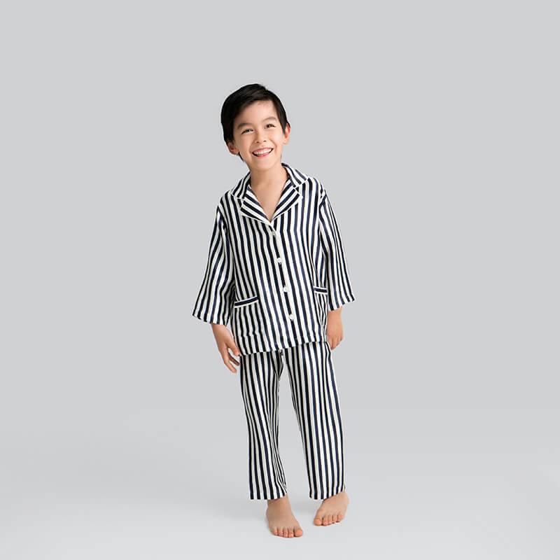 19 Momme Boys and Girls Long Silk Pajamas Set Toddler/Kids' Striped Nighties 2 Colors -  slipintosoft