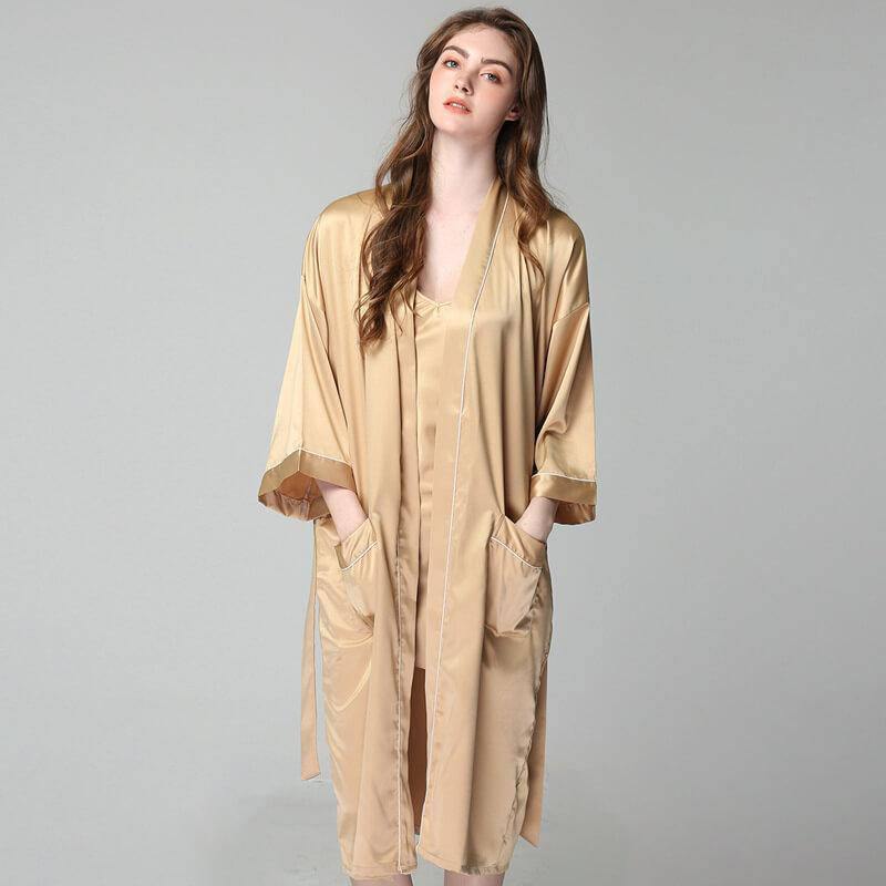 Long Silk Nightgown And Robe Set For Women Full-length Long Sleeve Silk Nightwear Set