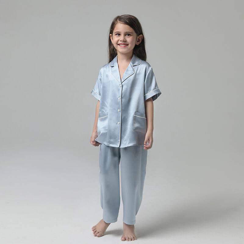 19 Momme Girls Short Silk Pajamas Set Children's Fashion Home Wear White Trimming -  slipintosoft