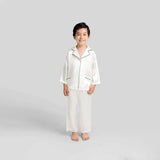 19 Momme Boys Long Silk Pajamas Set Kids' Classic PJS White/ Black Trimming 6 Colors -  slipintosoft