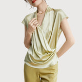 22 Momme Short Sleeves Womens Silk Blouse 100% Mulberry Silk V Neck Top ELegant Ladies Blouse