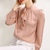 Spring New Pearl buckle Women's Silk Blouse Elegant Stand Collar 22MM Mulberry Silk Shirt - slipintosoft