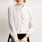 Spring New Pearl buckle Women's Silk Blouse Elegant Stand Collar 22MM Mulberry Silk Shirt - slipintosoft