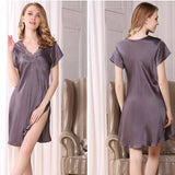 V neck Women Silk Nightgown with lace short sleeves silk sleepwear - slipintosoft