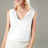 Versatile Ladies Silk Sleeveless Blouse 100% Mulberry Silk Cowl Collar Tops - slipintosoft