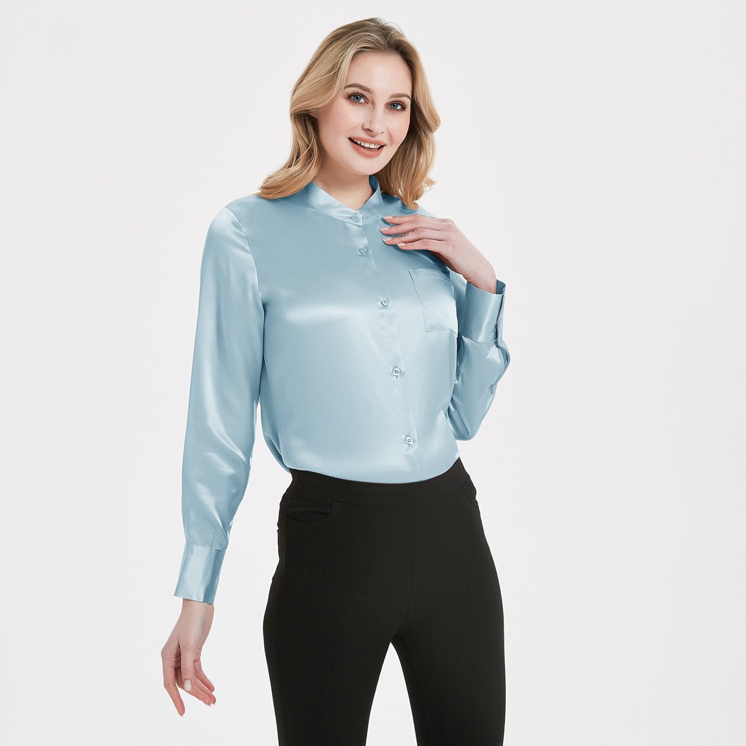 Women Band Collar Silk Blouse For Women 100% Pure Silk Blouse with Pocket - slipintosoft