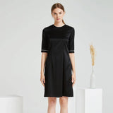 Women Black Silk Dresses Round Neck Short Sleeve 100% Mulberry Silk Dress - slipintosoft