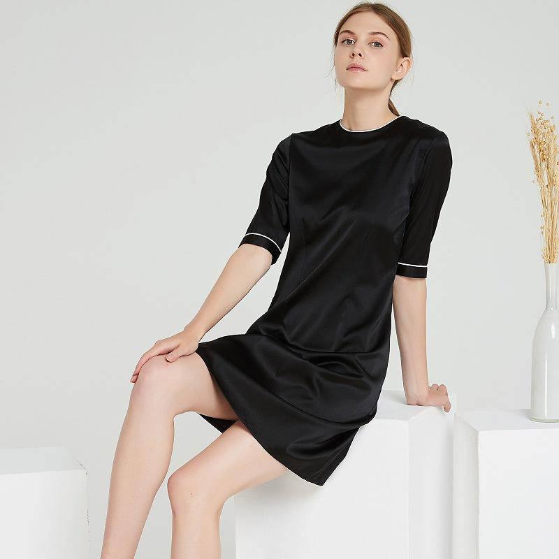 Women Black Silk Dresses Round Neck Short Sleeve 100% Mulberry Silk Dress - slipintosoft
