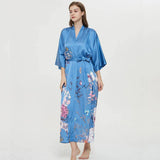 Women's 100% Silk Kimono Robe Blue Floral Printed 3/4 Sleeves Japanese Bath Robes All Sizes - slipintosoft