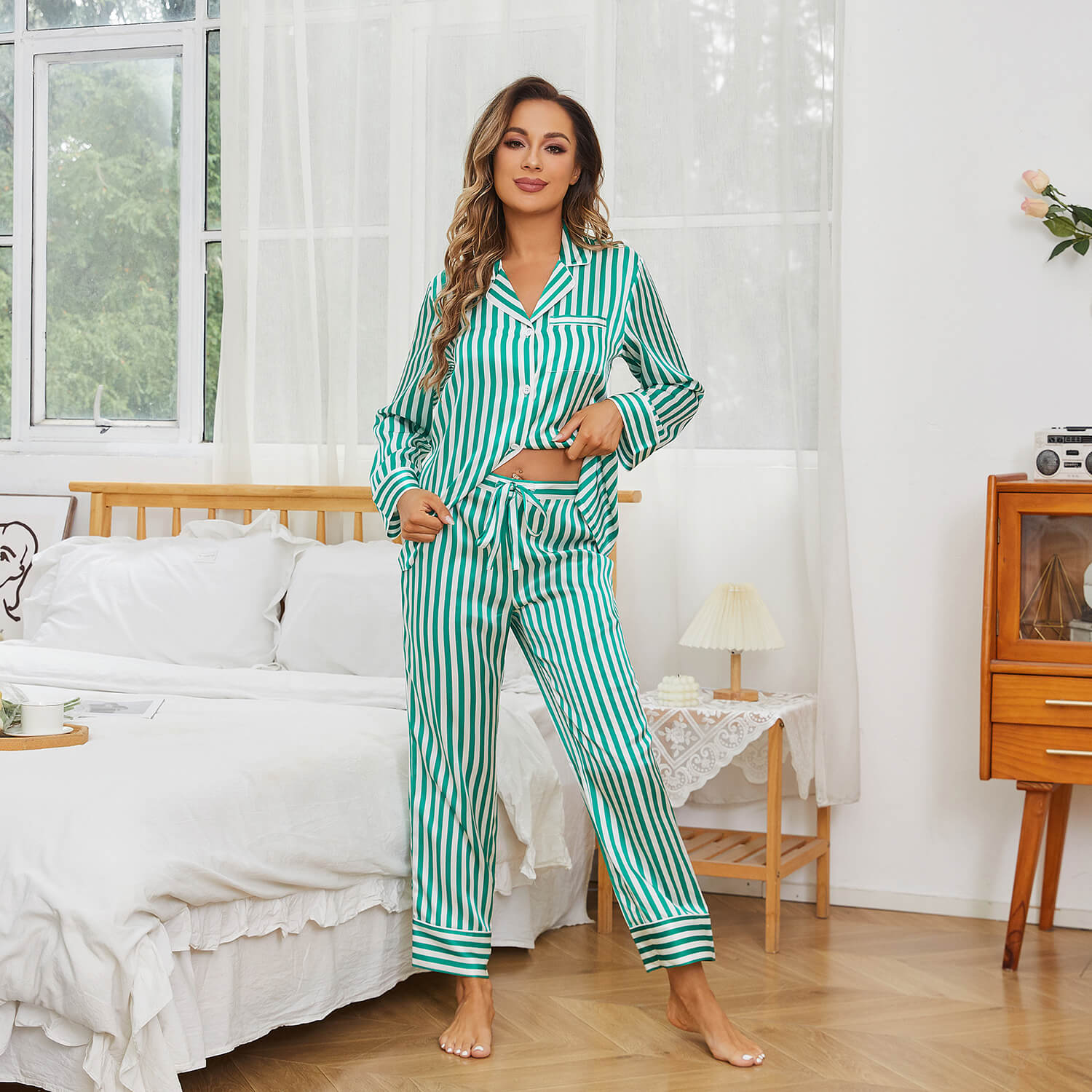 Women's Classic Stripe Silk Sleepwear Luxury Long Sleeves Silk Pajamas Set - slipintosoft