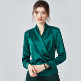 Womens Elegant Silk Blouse 100% Mulberry Silk Long Sleeves V Neck Top - slipintosoft
