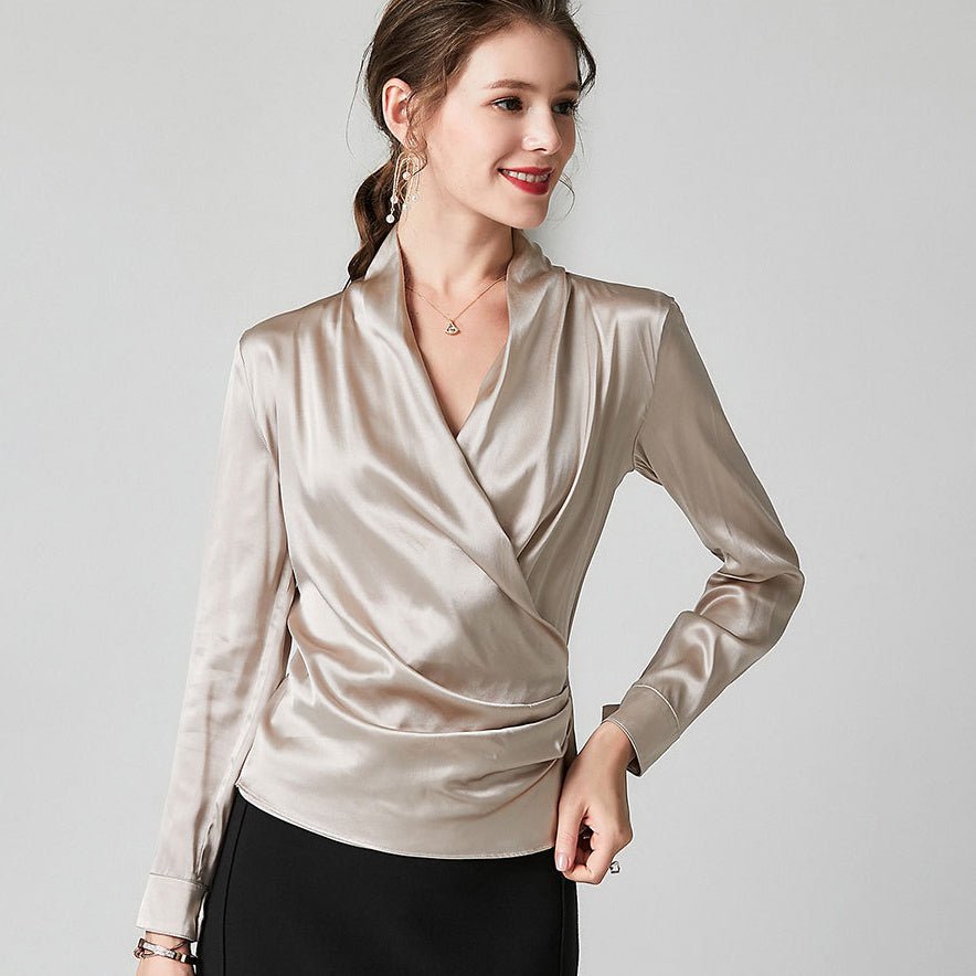 Womens Elegant Silk Blouse 100% Mulberry Silk Long Sleeves V Neck Top - slipintosoft