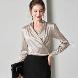 Womens Elegant Silk Blouse 100% Mulberry Silk Long Sleeves V Neck Top - slipintosoft
