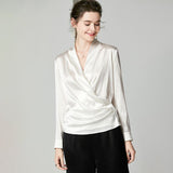 Womens Elegant Silk Blouse 100% Mulberry Silk Long Sleeves V Neck Top - slipintosoft