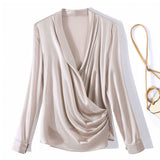 Womens Elegant Silk Blouse 100% Mulberry Silk Long Sleeves V Neck Top - slipintosoft