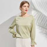 womens elegant silk blouse Silk Blouse With Boat Neckline Ruffled Cuffs Silk top