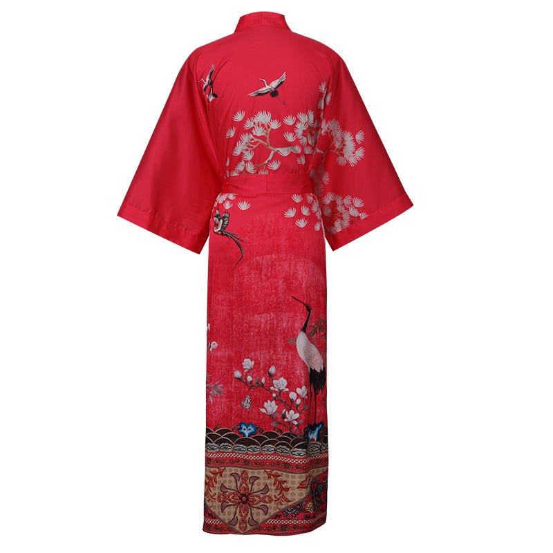 Women's Long Silk Kimono Robe with Belt Cranes Prints Landscape Painting Classic Both Robe - slipintosoft