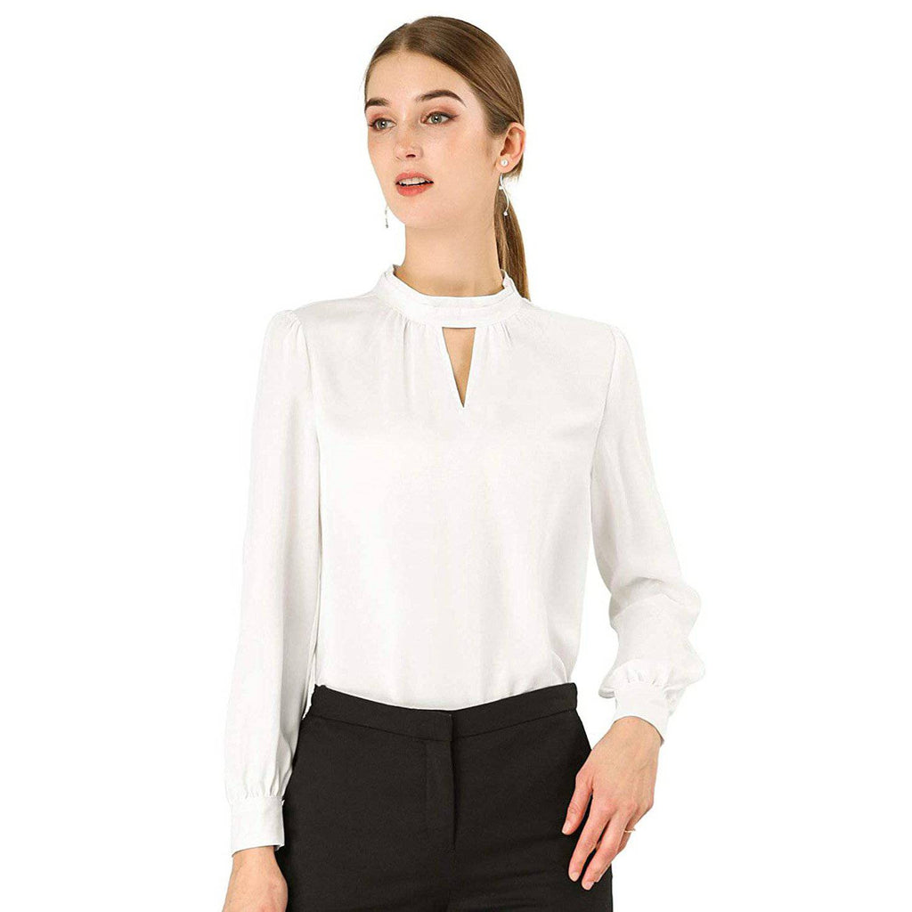 Women's Office Silk Shirt Keyhole Elegant Stand Collar Long Sleeve Silk Blouses - slipintosoft